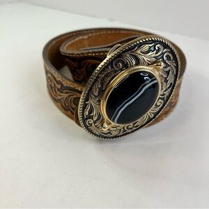 Western Brown Tooled Leather Belt Gold Removeable Buckle Black Stone Small 30”